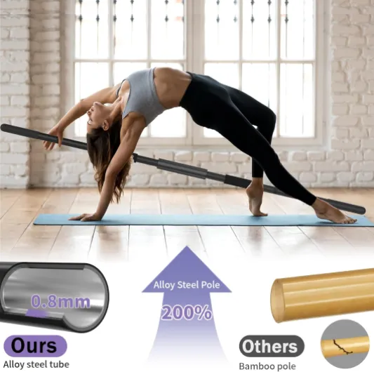 Yoga Stick 58 Inch Sturdy Alloy Steel - Adjustable Stick for Exercise, Stretching, Balance - Versatile Exercise Stick with Non-Slip Ends, Neck Cushion and Adjustable Grip Cushions