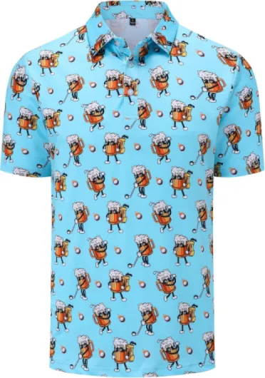 Men's Golf Polo Shirts Funny Golf Shirts for Men Performance Moisture Wicking Quick Dry Athletic Short Sleeve Shirts X-Large Beer Golf Blue