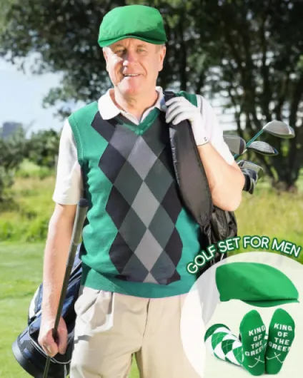 2 Pcs Men Green Golf Socks Newsboy Hat Costume Accessories Golf Knee High Argyle Socks Flat Cap Father's Day Tournament Gift