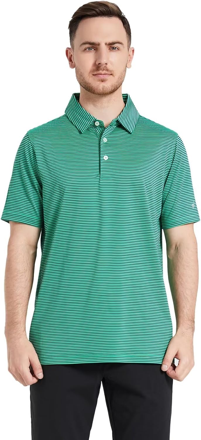 Mens Golf Shirt Moisture Wicking Dry Fit Performance Sport Short Sleeve Striped Golf Polo Shirts for Men Green Stripe Small