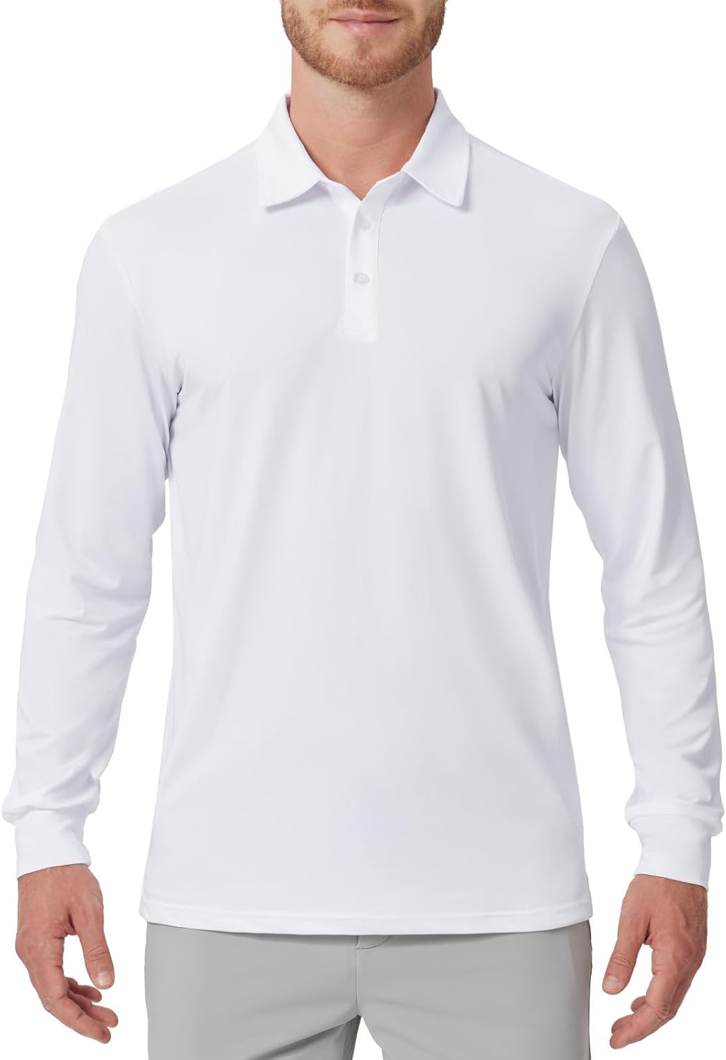Men's Polo Shirts Long Sleeve Golf Shirts with Collar UPF 50 SPF Shirt for Men Quick Dry Moisture Wicking Medium White