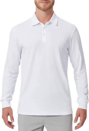 Men's Polo Shirts Long Sleeve Golf Shirts with Collar UPF 50 SPF Shirt for Men Quick Dry Moisture Wicking Medium White