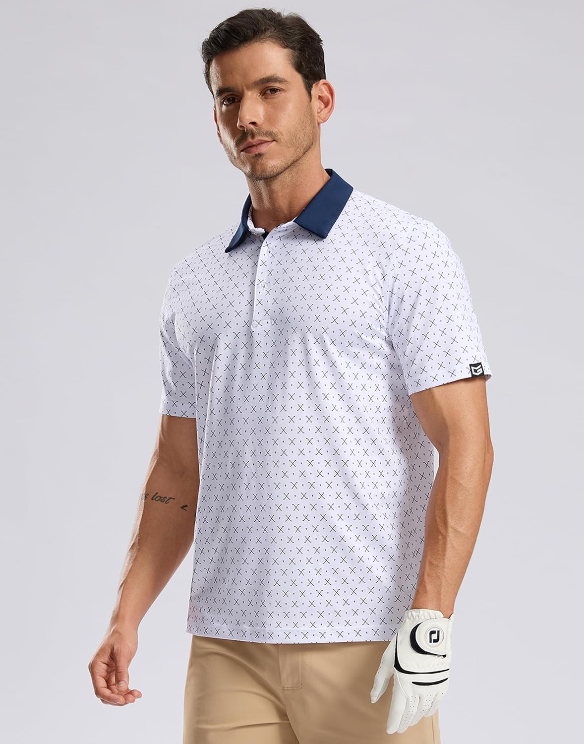 Men's Golf Shirt Short Sleeve Dry Fit Polo Moisture Wicking Print Collared Golf Shirts for Men Casual Lightweight Golf Clubs White Large