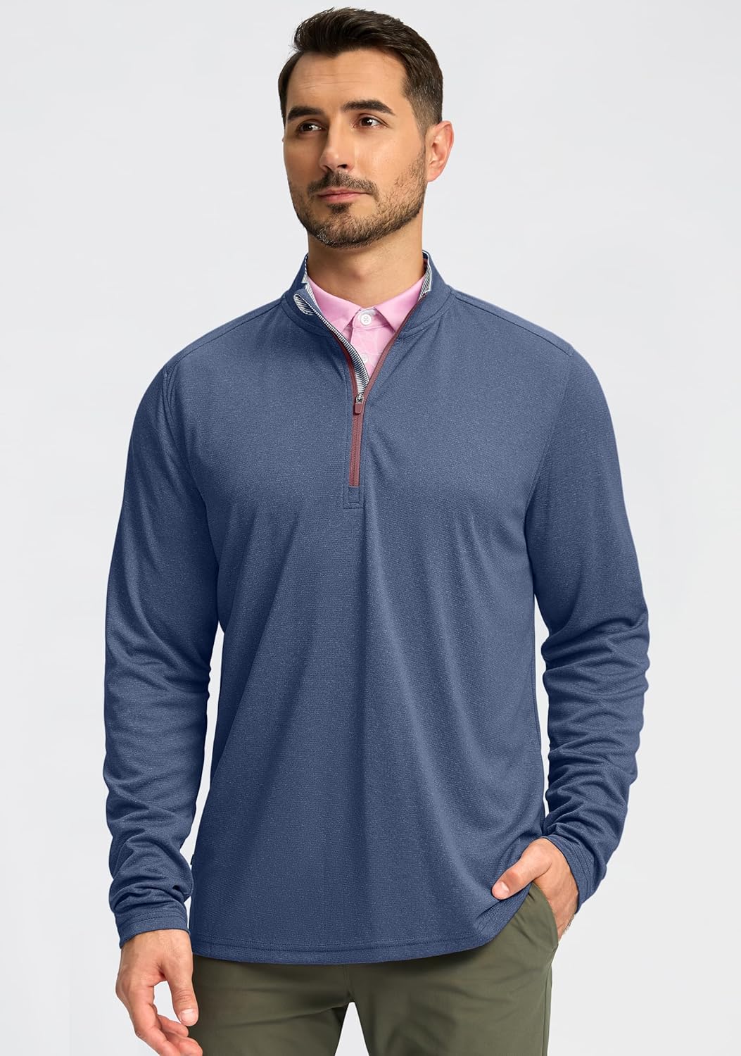 Golf Quarter Zip Pullover for Men Mock Neck Sweatshirt Lightweight Sun Protection Men's Long Sleeve Golf Shirt Deep Blue Melange Large