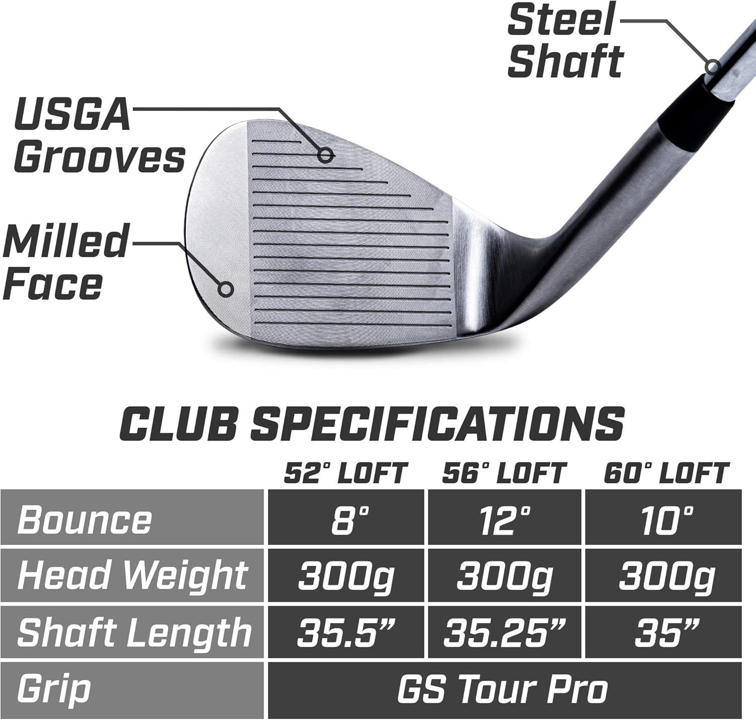GoSports Tour Pro Golf Wedge Set – Mens Right Handed 52 Gap Wedge, 56 Sand Wedge and 60 Lob Wedge in Satin or Black Finish (52, 56, 60) Brushed Silver