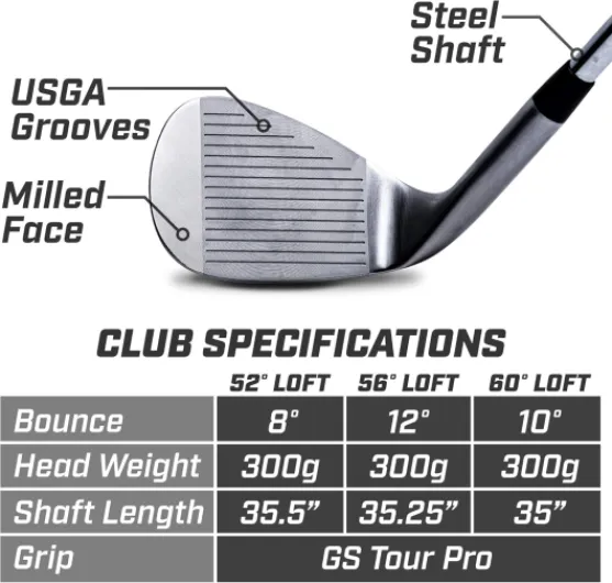 GoSports Tour Pro Golf Wedge Set – Mens Right Handed 52 Gap Wedge, 56 Sand Wedge and 60 Lob Wedge in Satin or Black Finish (52, 56, 60) Brushed Silver