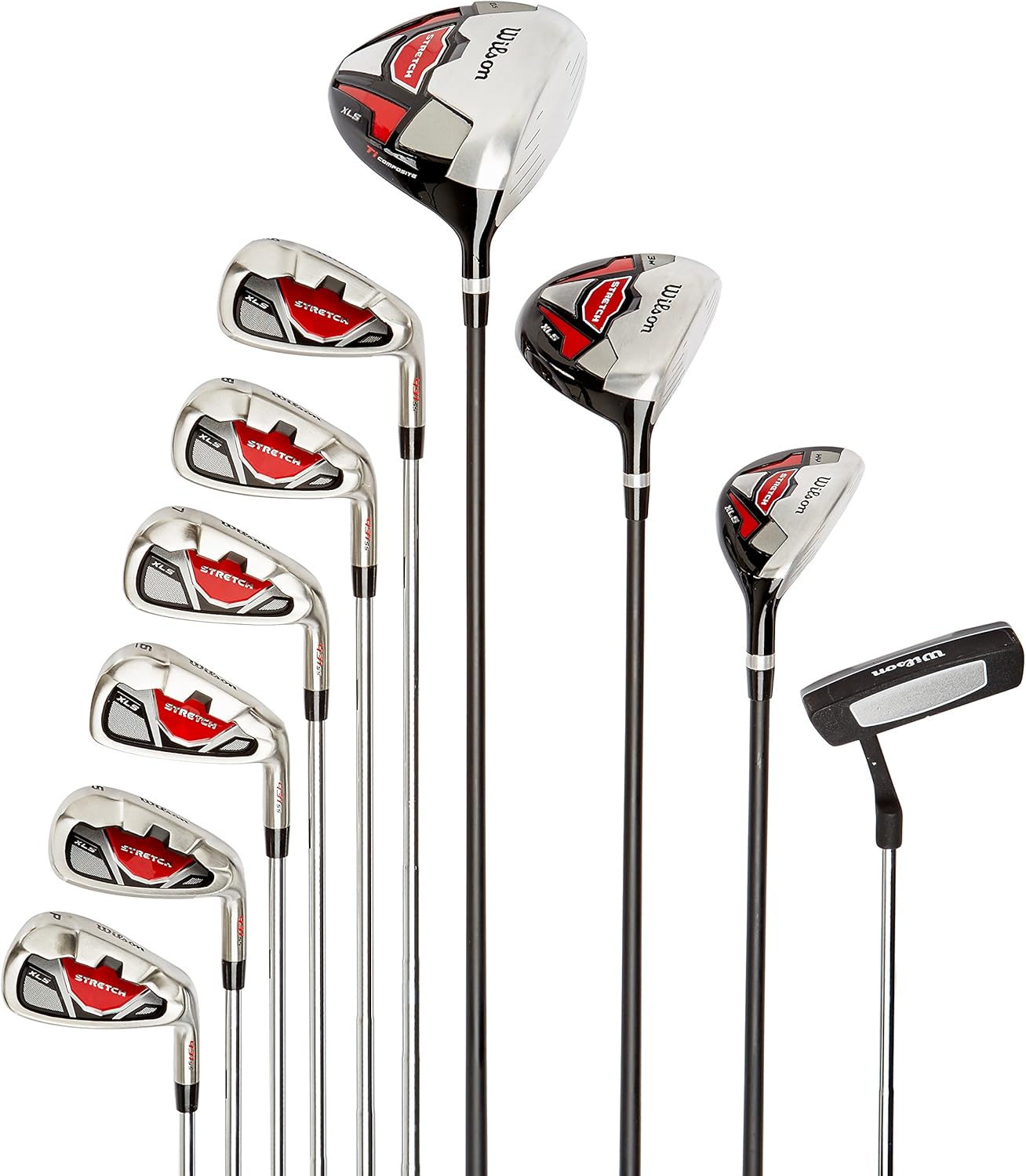 Beginner Complete Set, 10 golf clubs with stand bag, Men's, Stretch XL, Black/Grey/Red Right Stainless Steel Regular Standard Length