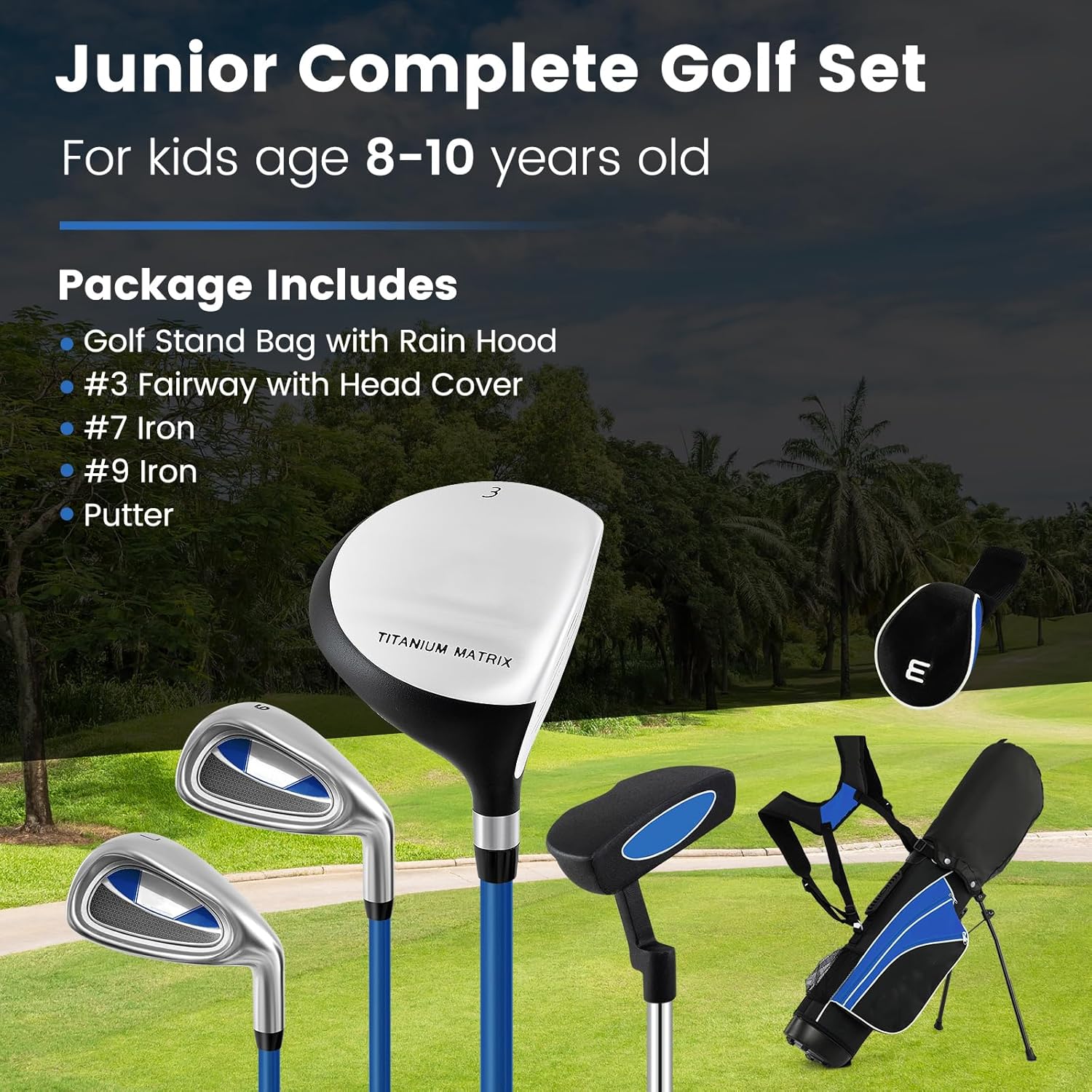 Junior Golf Clubs Package Set with 3# Fairway Wood, 7# & 9# Irons, Putter, Head Cover and Stand Bag, Right Hand Age 8-10, Blue