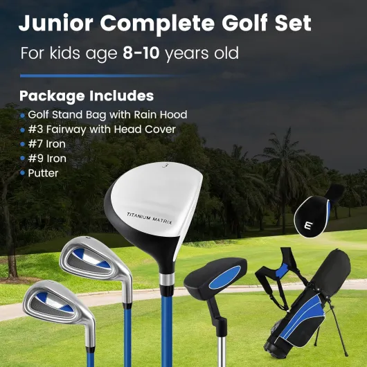 Junior Golf Clubs Package Set with 3# Fairway Wood, 7# & 9# Irons, Putter, Head Cover and Stand Bag, Right Hand Age 8-10, Blue