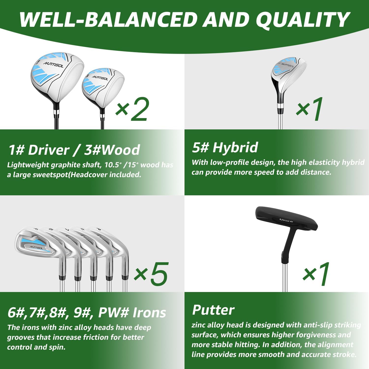 10 Pieces Complete Ladies Golf Clubs Set Right Hand for Women Includes Cart Bag with Rain Hood, 1#Driver 3#Wood #5 Hybrid,with 3 Head Covers, 6# 7# 8# 9# PW# Irons and Putter Blue