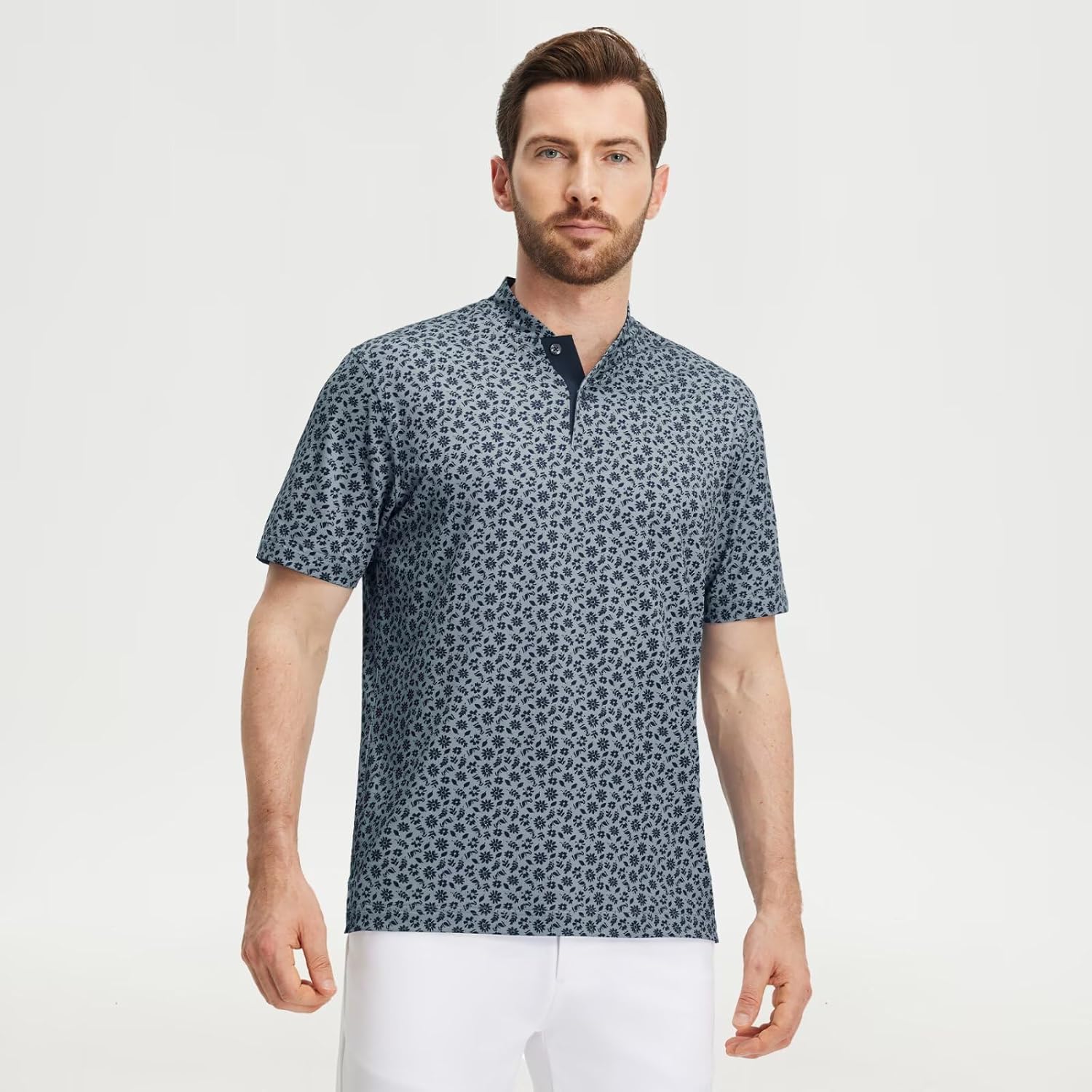 Golf Shirts for Men Collarless Performance Dry Fit Stretch Henley Casual Printed Mens Polo Shirts Short Sleeve Grayish Blue Flower Medium