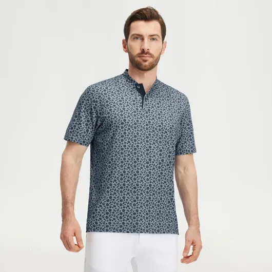 Golf Shirts for Men Collarless Performance Dry Fit Stretch Henley Casual Printed Mens Polo Shirts Short Sleeve Grayish Blue Flower Medium