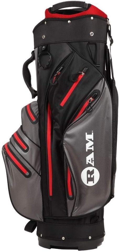 Ram Golf Waterproof Cart Bag - 14 Way Club Dividers Black/Grey/Red