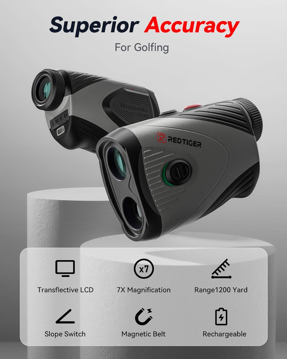 Golf Rangefinder with Slope On/Off, 1200 Yards, 7X Magnification, Laser Range Finder for Golf, Flag Pole Lock with Vibration, Rechargeable, Magnetic Suction Black One Size