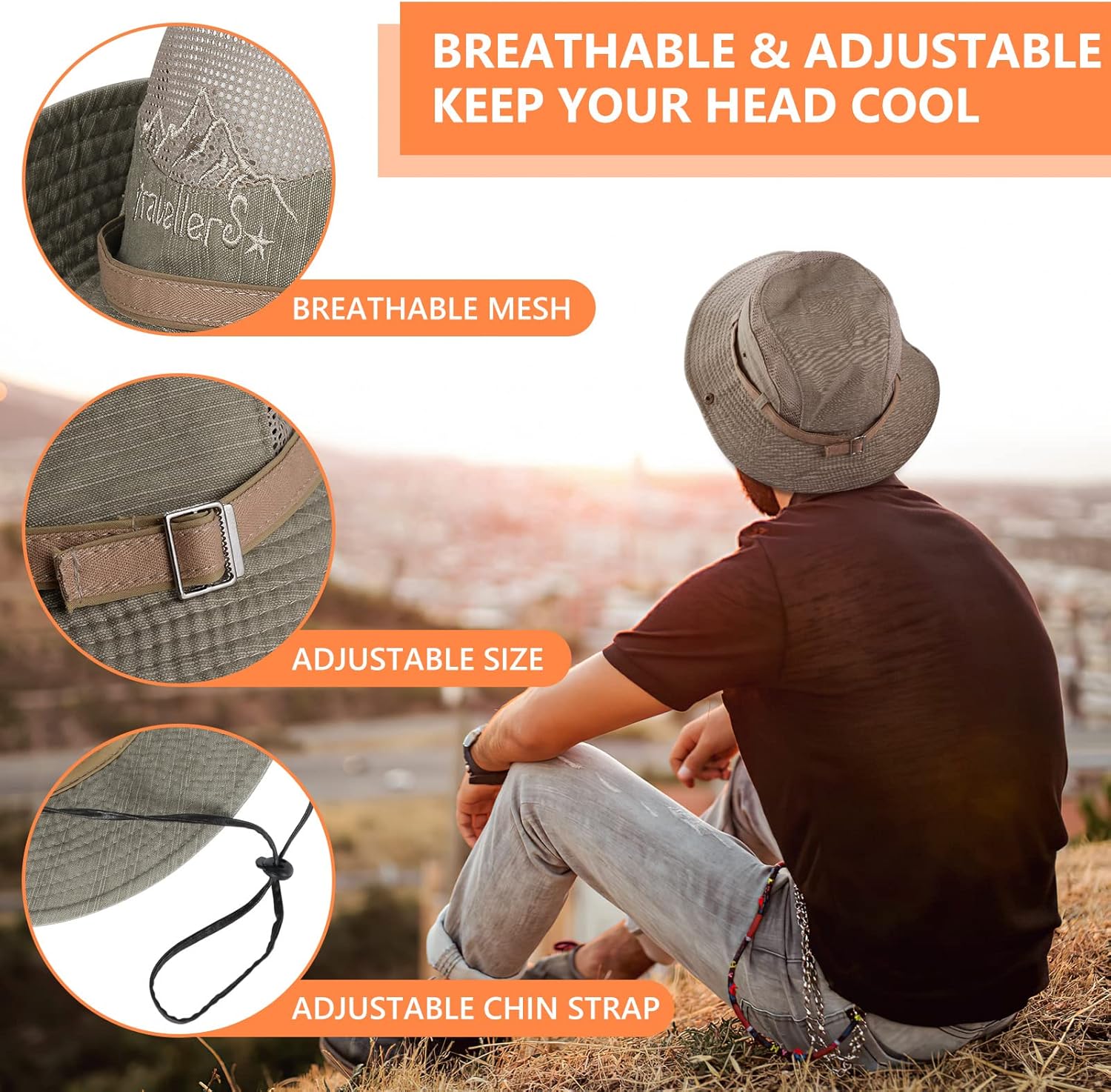 Sun Hat UV Protection Bucket Hat Summer Hats Beach Hat Safari Boonie Hat Foldable Fishing Hat with Breathable Mesh and Adjustable Chin Strap for Men Women 7-7 1/4 Khaki