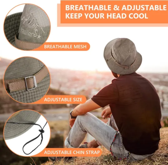 Sun Hat UV Protection Bucket Hat Summer Hats Beach Hat Safari Boonie Hat Foldable Fishing Hat with Breathable Mesh and Adjustable Chin Strap for Men Women 7-7 1/4 Khaki
