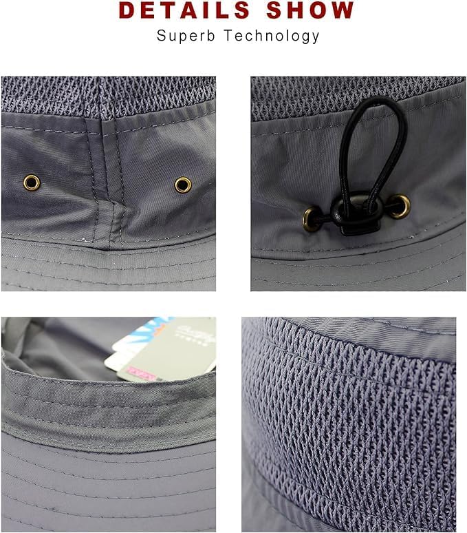 Mens Sun Hat Wide Brim UPF 50 Bucket Hat Summer Mesh UV Protection Beach Hat Walking Hiking Fishing Hats DARK GREY