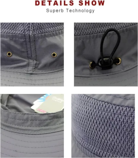 Mens Sun Hat Wide Brim UPF 50 Bucket Hat Summer Mesh UV Protection Beach Hat Walking Hiking Fishing Hats DARK GREY