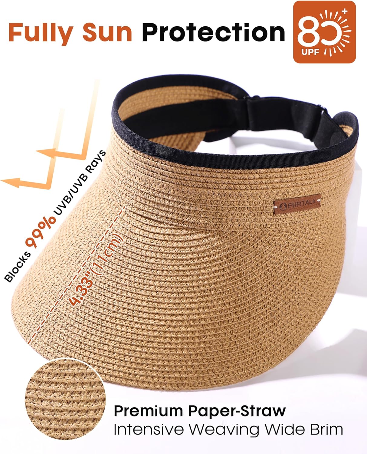 Sun Straw Visor for Women Summer Packable Ponytail Beach UPF 80+ Sun Hats for Travel One Size Khaki