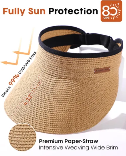 Sun Straw Visor for Women Summer Packable Ponytail Beach UPF 80+ Sun Hats for Travel One Size Khaki